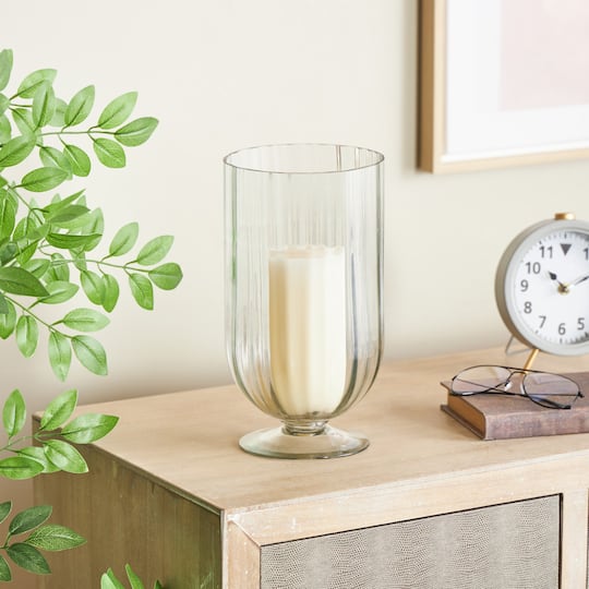 Clear Glass Ribbed Fluted Decorative Candle Holder with Elevated Base